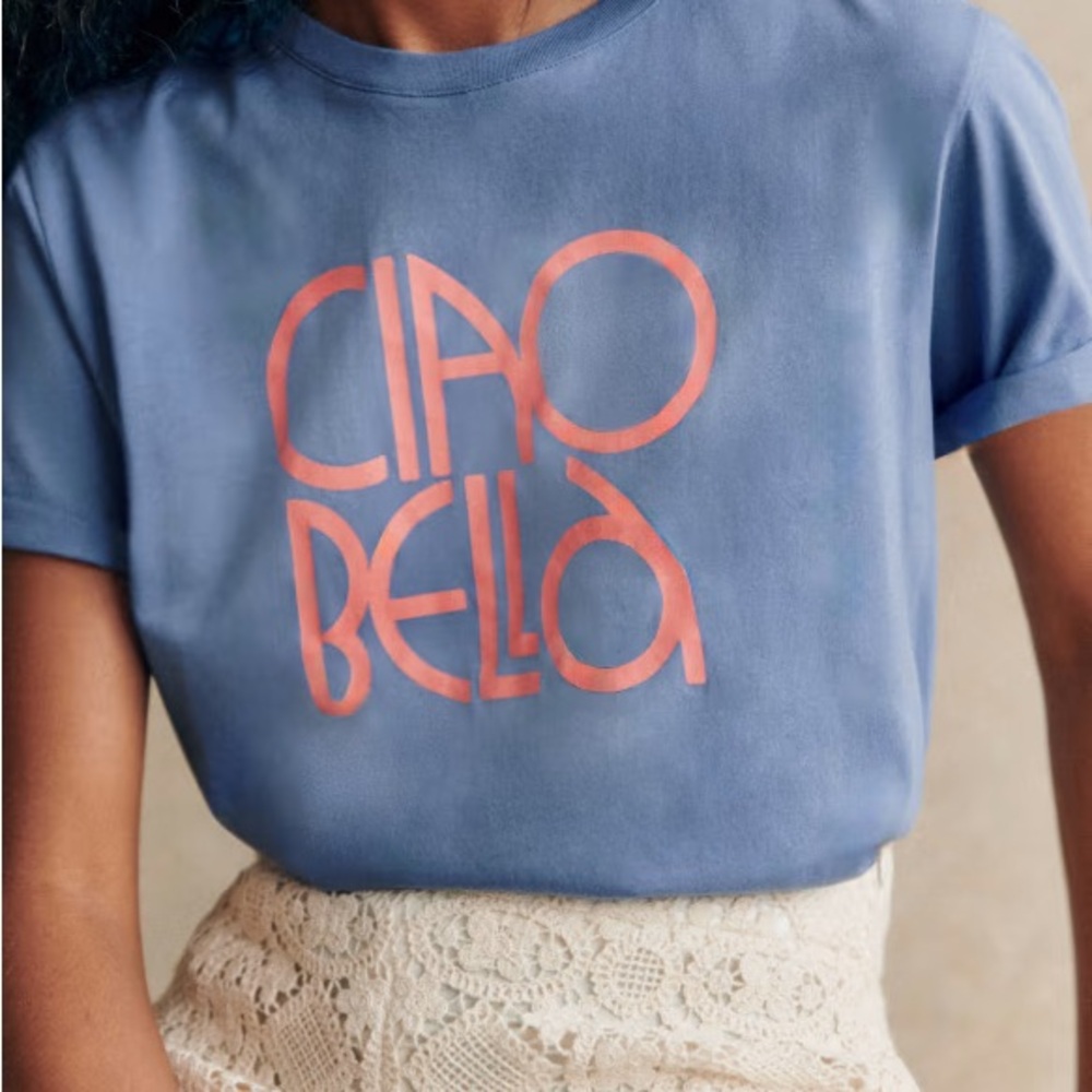 Sezane Ciao Bella Blue T-Shirt in Cloud Blue and Coral